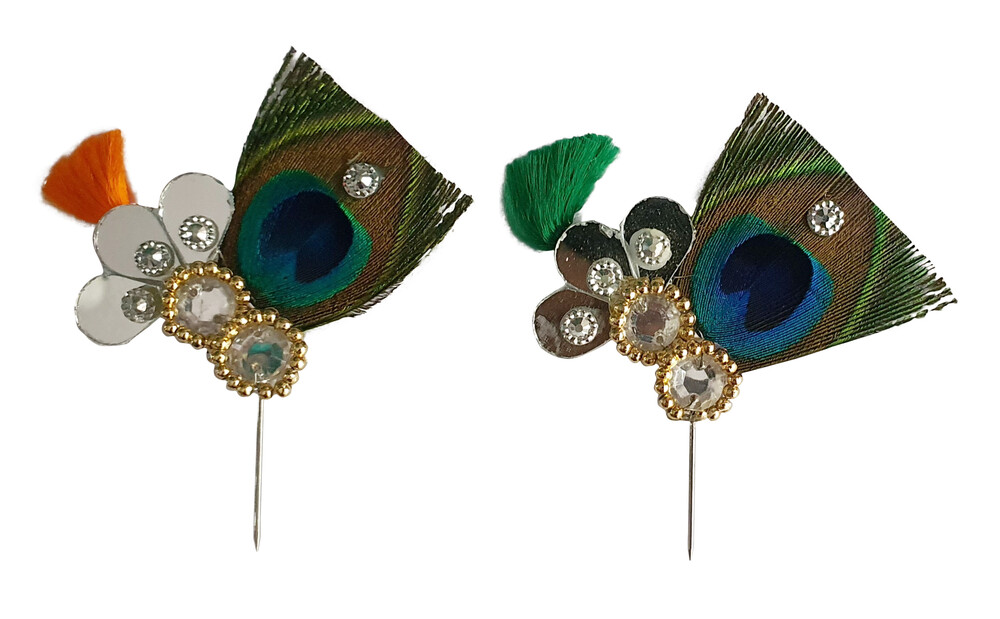 Deity Crown Decorative Pins with Peacock Feather, Big Flower & Diamond