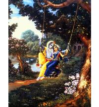 Radha and Krishna on Swing in Forest Painting (Blue Sari)