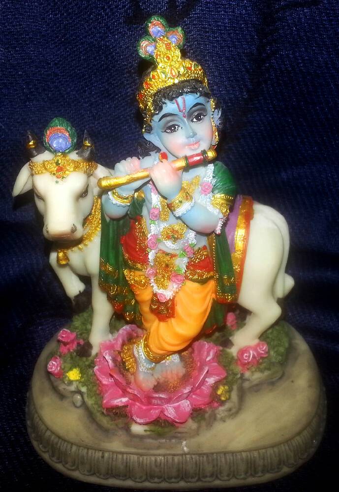 Krishna With Cow  Polyresin Figure (5\" high)