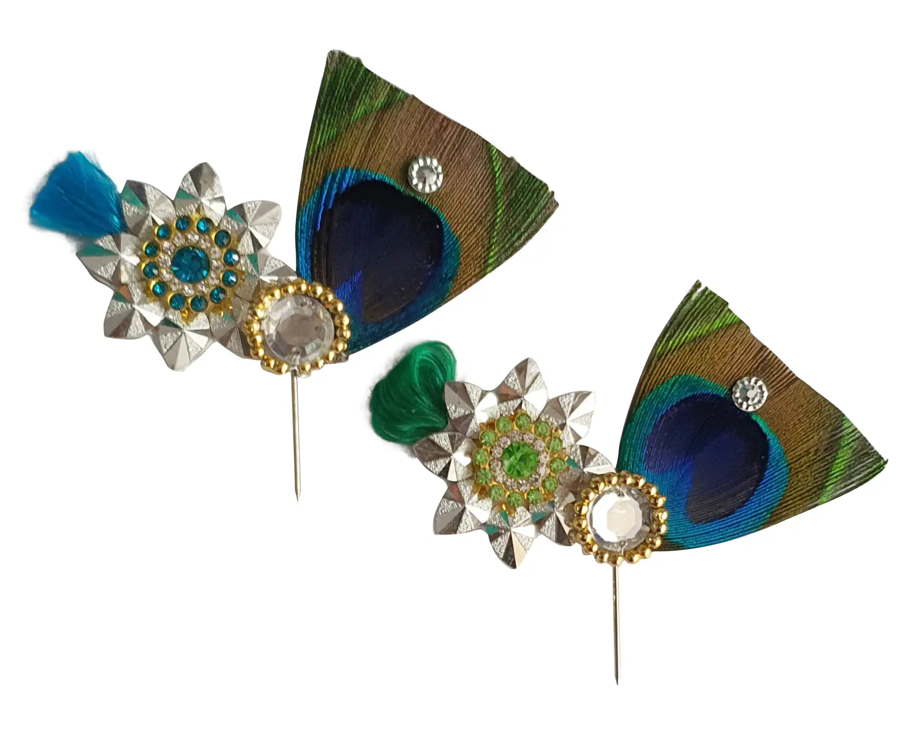 Deity Crown Decorative Pins with Peacock Feather, Vibrant Sequins & Multiple Diamonds