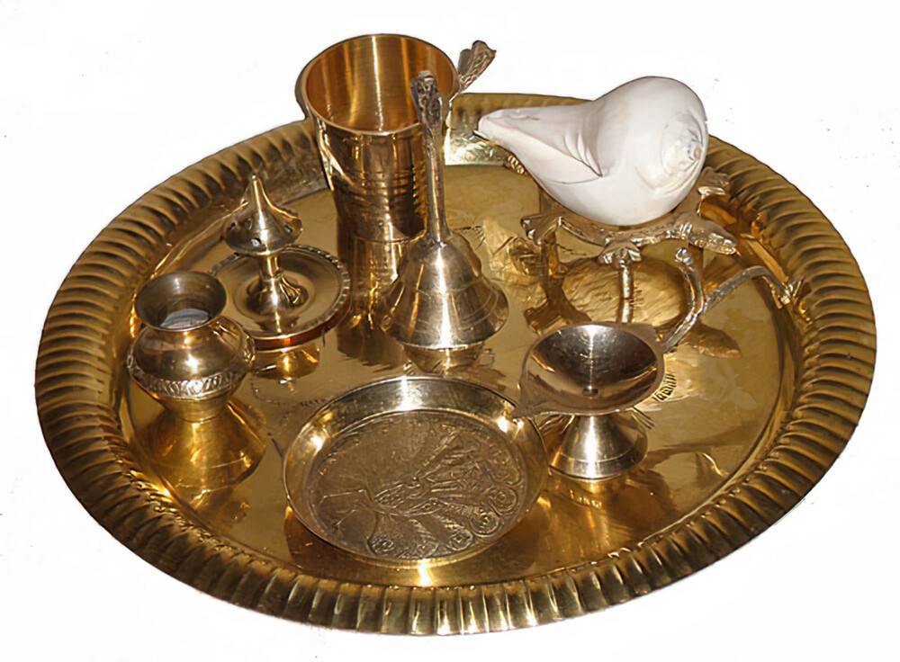 Small Aroti Set (8-9\" tray with Bell, Incense Holder, Flower Tray, Conch, Ghee Lamp)