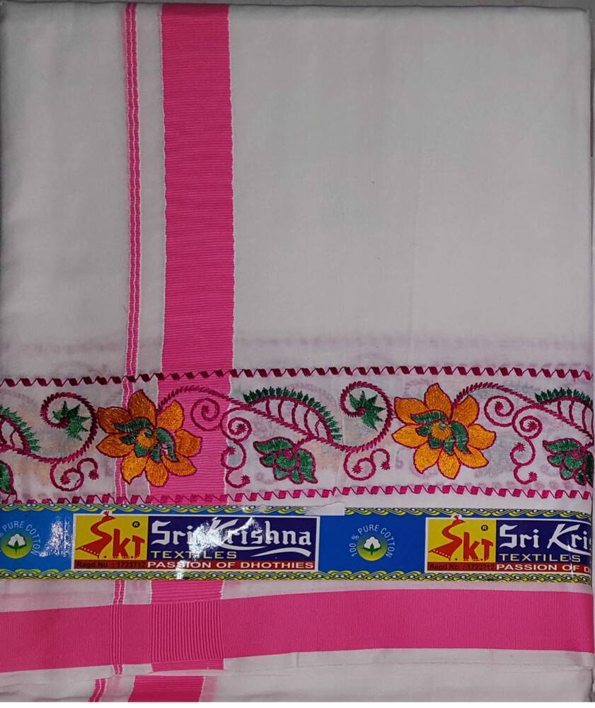 Dhoti / Chadar -- Big Embroidery Borders with Flower and Leaf Patterns