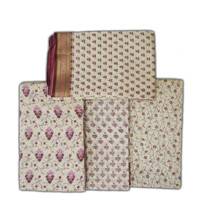 Radharani Sari -- Fine Cotton-Jute, Printed Pattern on Cream Background