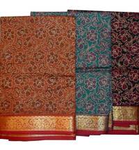 Sari, Cotton Printed  -- Dark Colors with Fancy Gold Border