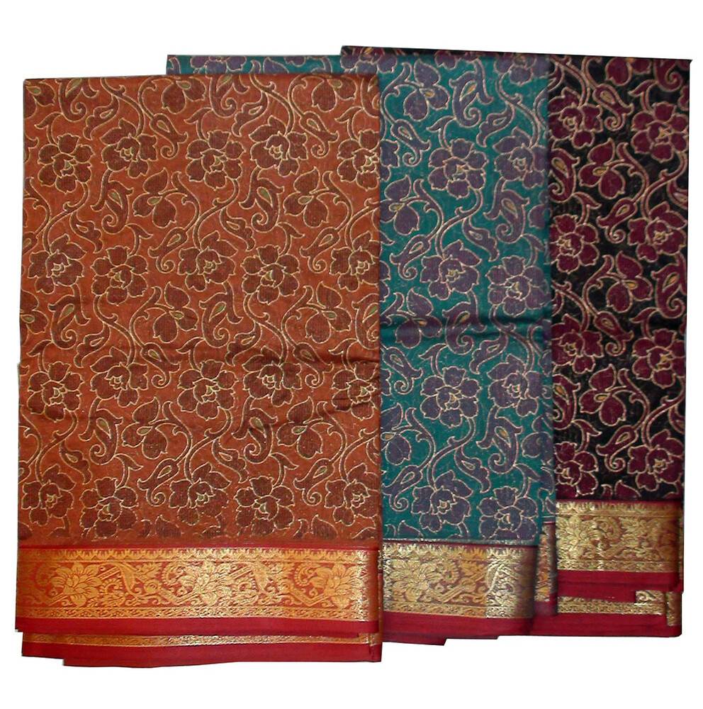 Sari, Cotton Printed  -- Dark Colors with Fancy Gold Border